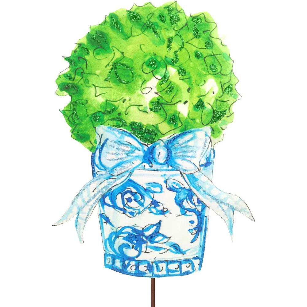 NEW ROUND TOP gingham boxwood pot in blue